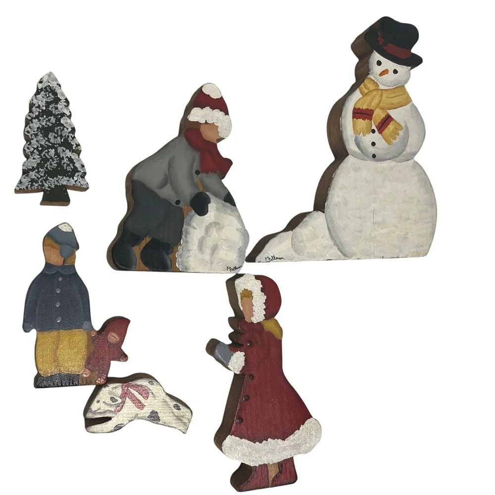 Hand painted‎ signed 6 piece wood Winter scene Snowman children Winter decor